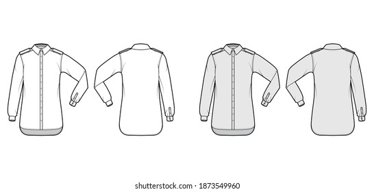 Shirt epaulette technical fashion illustration with elbow fold long sleeve, oversized, button-down opening, regular collar. Flat template front, back white, grey color. Women men unisex top CAD mockup