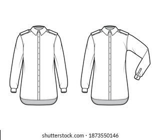 Shirt epaulette technical fashion illustration with elbow fold long sleeve, oversized, button-down opening, regular collar. Flat template front, white, color. Women men unisex top CAD mockup
