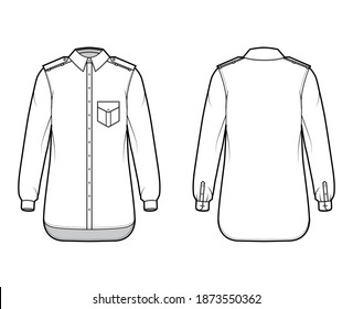 Shirt epaulette technical fashion illustration with flaps angled pocket, long sleeve, relax fit, button-down, regular collar. Flat template front, back white color. Women men unisex top CAD mockup