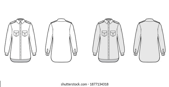 Shirt epaulette technical fashion illustration with flaps angled pockets, long sleeve, relax fit, button-down, regular collar. Flat template front, back white, grey color. Women men unisex CAD mockup