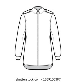 Shirt epaulette technical fashion illustration with long sleeve with cuff, relax fit, button-down opening, regular collar. Flat template front, white color. Women men unisex top CAD mockup
