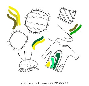  Shirt with fabric stripes. Mending clothes. Vector doodle hand drawn set of sewing cloth patches.