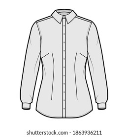 Shirt fitted technical fashion illustration with long sleeves with cuff, slim fit, darts, button-down, regular collar. Flat template front, grey color. Women men unisex top 