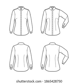 Shirt fitted technical fashion illustration with elbow fold long sleeve, slim fit, darts, button-down, regular collar. Flat template front, back white color. Women men top CAD mockup