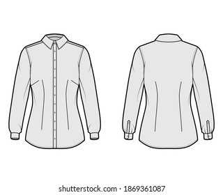 Shirt fitted technical fashion illustration with long sleeves with cuff, slim fit, darts, button-down, regular collar. Flat template front, back grey color. Women men unisex top mockup