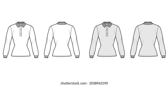 Shirt fitted technical fashion illustration with long sleeves, henley button neck, flat knit collar. Apparel top outwear template front, back, white, grey color style. Women men unisex CAD mockup