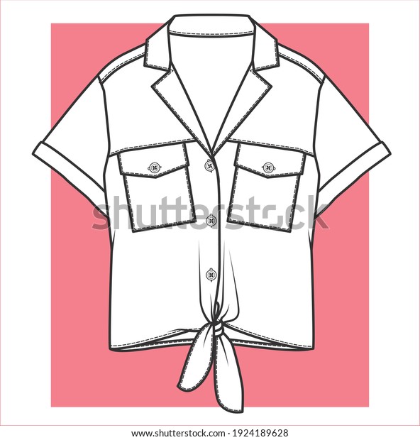 Shirt flat sketch. Women's short sleeve shirt with
knot detail