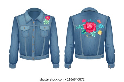 Shirt with floral patches. Flowers in blossom with petals and leaves. Jeans jacket decorated with plants fashion, isolated on vector illustration
