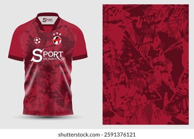 The shirt is a football shirt designed in dark red tones. The shirt has short sleeves and a collar, which gives it a modern look and is suitable for sports activities.