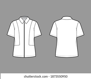 Shirt full zip-up technical fashion illustration with short sleeves, relax fit, yokes, flat collar. Template front, back white color. Women men unisex top CAD mockup