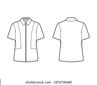 Shirt full zip-up technical fashion illustration with short sleeves, relax fit, yokes, flat collar. Template front, back white color. Women men unisex top CAD mockup