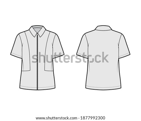 Shirt full zip-up technical fashion illustration with short sleeves, relax fit, yokes, flat collar. Template front, back grey color. Women men unisex top CAD mockup