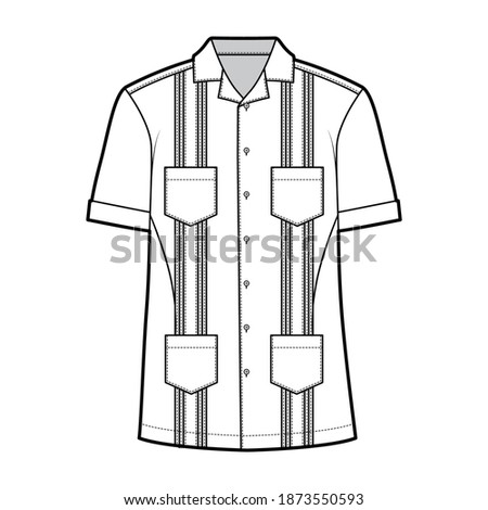 Shirt guayabera technical fashion illustration with short sleeves, pintucked, patch pockets, relax fit, yoke, button-down, open collar. Flat template front, white color. Women men top CAD mockup