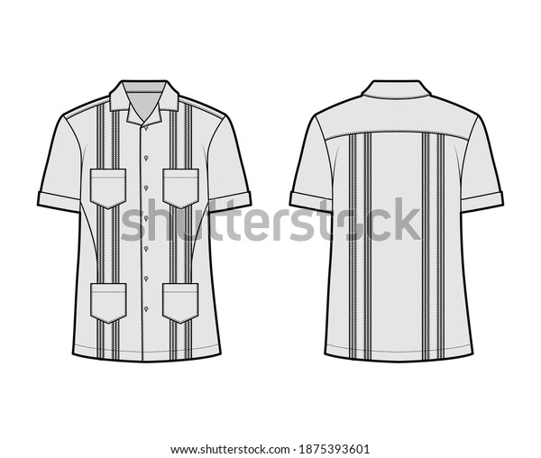 Shirt guayabera technical fashion illustration\
with short sleeves, pintucked, patch pockets, relax fit, yoke,\
button-down, open collar. Flat template front, back grey color.\
Women men top CAD mockup