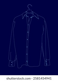 A shirt is hanging on a hanger. The shirt is blue and has a collar