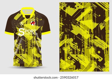 The shirt has a striking design using dark brown and bright yellow as the base colors. The shirt has patterns that emphasize art and movement.