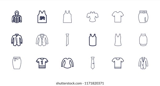 Shirt icon. collection of 18 shirt outline icons such as singlet, blouse, jacket, hoodie, skirt. editable shirt icons for web and mobile.