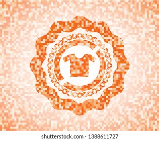 shirt icon inside abstract emblem, orange mosaic background