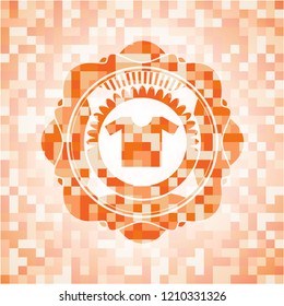 shirt icon inside abstract orange mosaic emblem with background