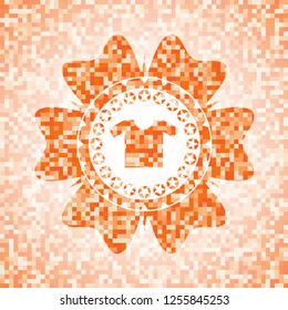 shirt icon inside abstract orange mosaic emblem with background
