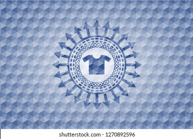 shirt icon inside blue badge with geometric pattern.