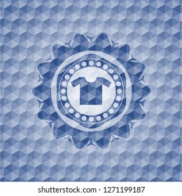 shirt icon inside blue emblem with geometric pattern.