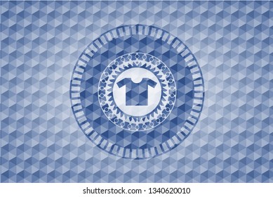 shirt icon inside blue emblem with geometric background.