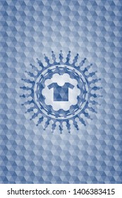 shirt icon inside blue hexagon emblem.