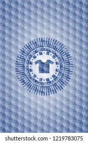shirt icon inside blue polygonal badge.