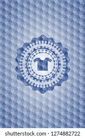 shirt icon inside blue polygonal badge.