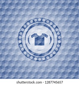 shirt icon inside blue polygonal emblem.