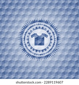 shirt icon inside blue polygonal emblem. 