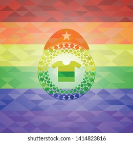 shirt icon inside emblem on mosaic background with the colors of the LGBT flag