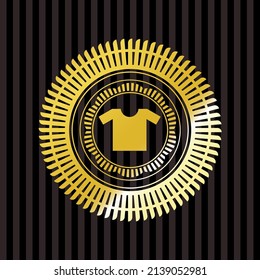 shirt icon inside gold badge or emblem. 