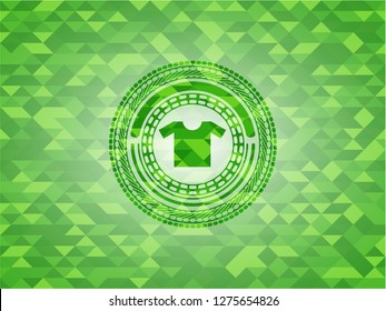 shirt icon inside green emblem with mosaic ecological style background