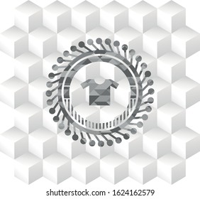 shirt icon inside grey emblem with cube white background
