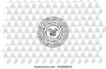 shirt icon inside grey emblem with cube white background. 