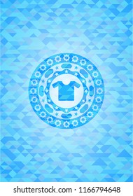 shirt icon inside light blue emblem. Mosaic background