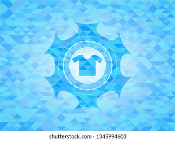 shirt icon inside light blue emblem with mosaic background