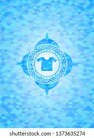 shirt icon inside light blue emblem with mosaic background