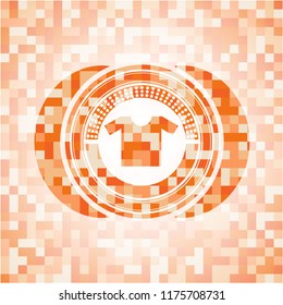 shirt icon inside orange tile background illustration. Square geometric mosaic seamless pattern with emblem inside.