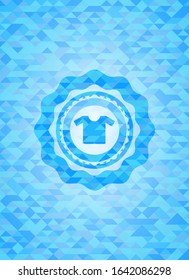 shirt icon inside realistic light blue mosaic emblem