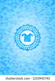 shirt icon inside realistic sky blue emblem. Mosaic background