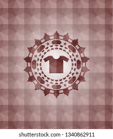 shirt icon inside red emblem with geometric pattern background. Seamless.