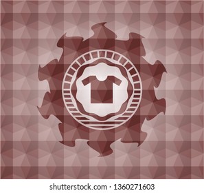 shirt icon inside red emblem with geometric background. Seamless.