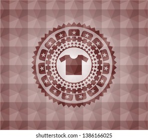 shirt icon inside red emblem with geometric pattern background. Seamless.