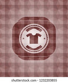 shirt icon inside red seamless emblem with geometric pattern background.