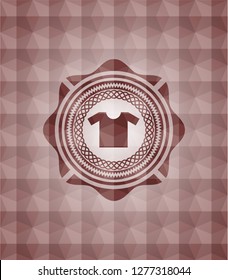 shirt icon inside red seamless emblem or badge with abstract geometric polygonal pattern background.