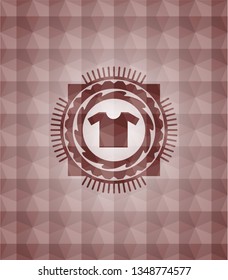 shirt icon inside red seamless emblem or badge with abstract geometric polygonal pattern background.