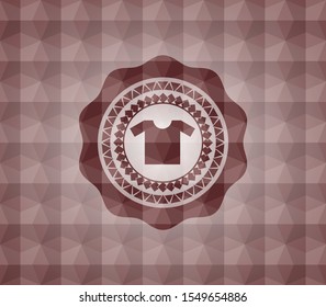 shirt icon inside red seamless emblem or badge with abstract geometric pattern background.